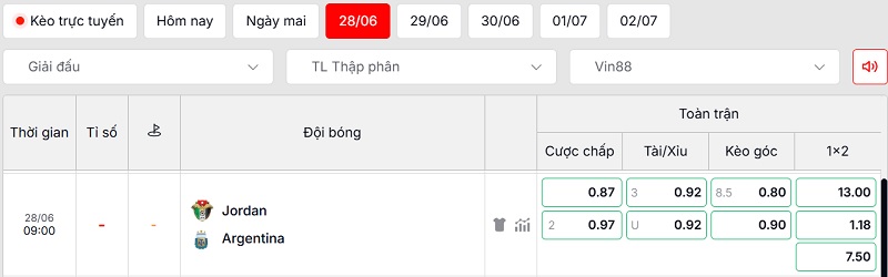 Bảng tỷ lệ kèo trận đấu Jordan vs Argentina